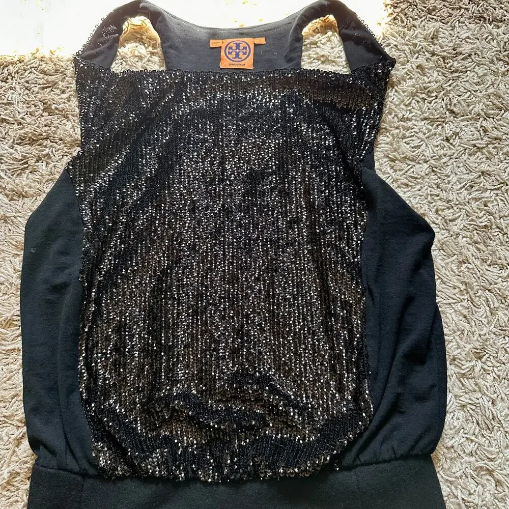 Black Tory Burch Sequin Sleeveless Pencil Dress Wool Nylon Women’s Size S